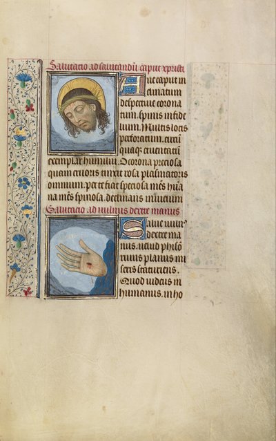 Hoofd van Christus, rechterhand van Christus met wond door Willem Vrelant